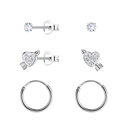 Wholesale Silver Heart Stud and Hoop Earrings Set
