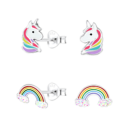Wholesale Sterling Silver Unicorn and Rainbow Ear Studs Set - JD22269