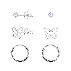 Wholesale Sterling Silver Butterfly Stud and Ear Hoops Set - JD22797