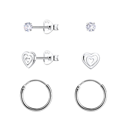 Wholesale Sterling Silver Heart Stud and Ear Hoops Set - JD22806