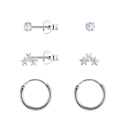 Wholesale Sterling Silver Triple Star Stud and Ear Hoops Set - JD22798