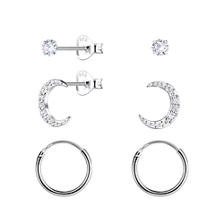 Wholesale Sterling Silver Moon Stud and Ear Hoops Set - JD22804