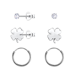 Wholesale Sterling Silver Clover Stud and Ear Hoops Set - JD22800