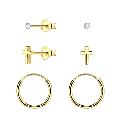 Wholesale Sterling Silver Cross Stud and Ear Hoops Set - JD22824