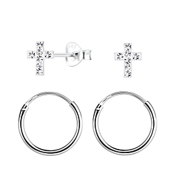 Wholesale Sterling Silver Cross Stud and Ear Hoops Set - JD22349