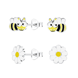 Wholesale Sterling Silver Bee and Flower Ear Studs Set - JD22300