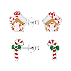 Wholesale Sterling Silver Christmas Candy Ear Studs Set - JD22304