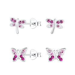 Wholesale Sterling Silver Dragonfly and Butterfly Ear Studs Set - JD22299