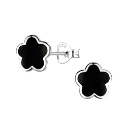 Wholesale Sterling Silver Flower Ear Studs with Synthetic Black Onyx - JD23458