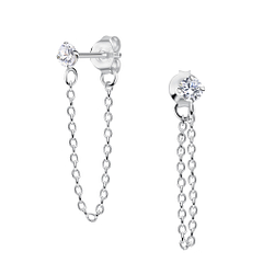 Wholesale 3mm Round Cubic Zirconia Sterling Silver Ear Studs with Chain - JD23162