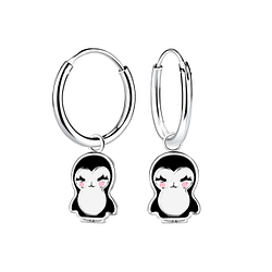 Wholesale Sterling Silver Penguin Charm Ear Hoops - JD22955