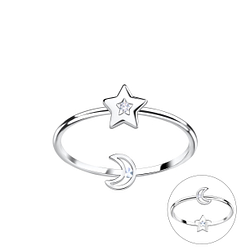 Wholesale Sterling Silver Double Sided Moon and Star Ring - JD22841 Wholesale Sterling Silver Double Sided Moon and Star Ring - JD22841