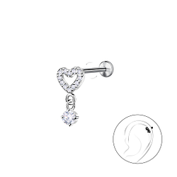 Wholesale Sterling Silver Heart with Hanging Stone with Titanium Labret - JD23968 Wholesale Sterling Silver Heart with Hanging Stone with Titanium Labret - JD23968