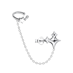 Wholesale Sterling Silver Triple Star Ear Studs and Ear Cuff with Chain - JD20931