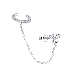 Wholesale Sterling Silver Three Stones Ear Studs and Eternity Ear Cuff with Chain - JD20943
