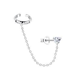 Wholesale 4mm Trillion Cubic Zirconia Sterling Silver Ear Studs and Patterned Ear Cuff with Chain - JD20944