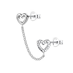 Wholesale Sterling Silver Heart Double Ear Studs with Chain - JD22457