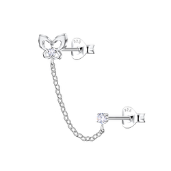 Wholesale Sterling Silver Butterfly Double Ear Studs with Chain - JD22459