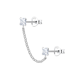Wholesale Sterling Silver Square Double Ear Studs with Chain - JD22472
