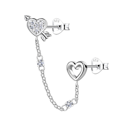 Wholesale Sterling Silver Heart Double Ear Studs with Chain - JD22476