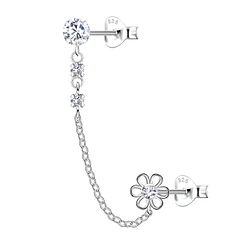 Wholesale Sterling Silver Flower Double Ear Studs with Chain - JD22477