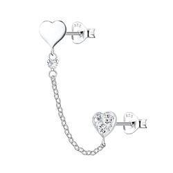 Wholesale Sterling Silver Heart Double Ear Studs with Chain - JD22478