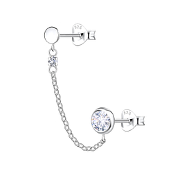 Wholesale Sterling Silver Round Double Ear Studs with Chain - JD22480
