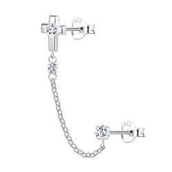 Wholesale Sterling Silver Cross Double Ear Studs with Chain - JD22481