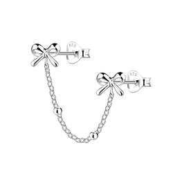 Wholesale Sterling Silver Bow Double Ear Studs with Chain - JD22486