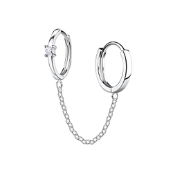 Wholesale Sterling Silver Single Stone Double Huggie Earrings with Chain - JD22576