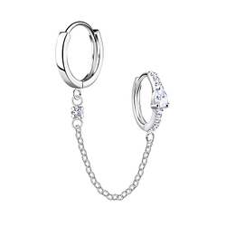 Wholesale Sterling Silver Double Huggie Earrings with Chain - JD22579