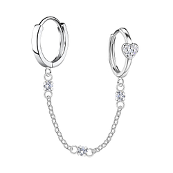 Wholesale Sterling Silver Heart Double Huggie Earrings with Chain - JD22589