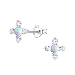 Wholesale Sterling Silver Geometric Opal Ear Studs - JD23671 Wholesale Sterling Silver Geometric Opal Ear Studs - JD23671