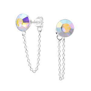 Wholesale 8mm Round Crystal Sterling Silver Ear Studs with Chain - JD6686
