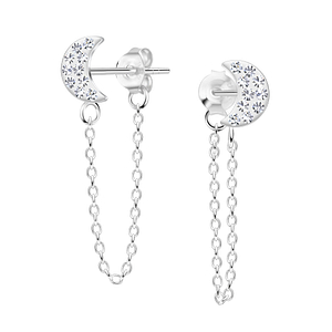 Wholesale Sterling Silver Half Moon Crystal Ear Studs With Chain - JD10307