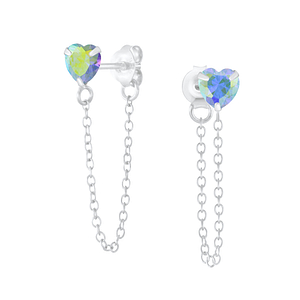 Wholesale 4mm Heart Cubic Zirconia Sterling Silver Ear Studs with Chain - JD6200