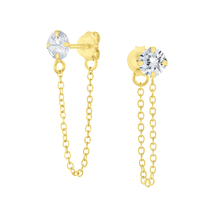 Wholesale 4mm Round Cubic Zirconia Sterling Silver Ear Studs with Chain - JD6654