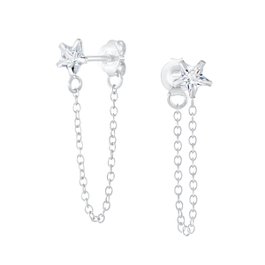 Wholesale 4mm Star Cubic Zirconia Sliver Ear Studs with Chain - JD6199