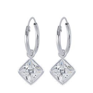 Wholesale 6mm Square Cubic Zirconia Sterling Silver Charm Ear Hoops - JD2245