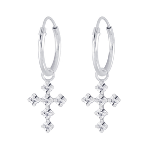 Wholesale Sterling Silver Cross Crystal Charm Ear Hoops - JD5167