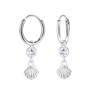 Wholesale Sterling Silver Shell with Cubic Zirconia Charm Ear Hoops - JD14117