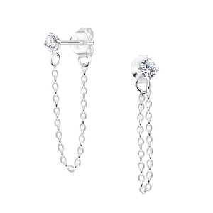 Wholesale 3mm Round Cubic Zirconia Sterling Silver Ear Studs with Chain - JD18759