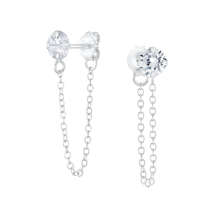 Wholesale 4mm Round Cubic Zirconia Sterling Silver Ear Studs with Chain - JD6203