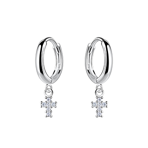 Wholesale Sterling Silver Cross Charm Huggie Earrings - JD19967