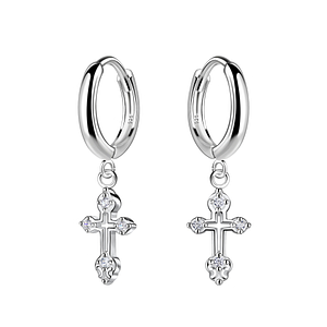 Wholesale Sterling Silver Cross Charm Huggie Earrings - JD21140