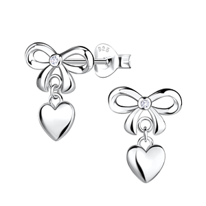 Wholesale Sterling Silver Bow Ear Studs with Hanging Heart - JD21389