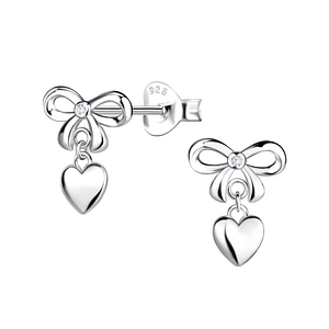 Wholesale Sterling Silver Bow Ear Studs with Hanging Heart - JD21389