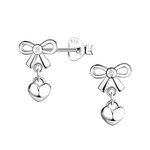 Wholesale Sterling Silver Bow Ear Studs with Hanging Heart - JD21332