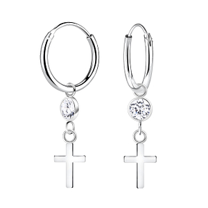 Wholesale Sterling Silver Cross Charm Ear Hoops - JD21364