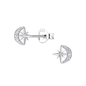 Wholesale Sterling Silver Moon and Starburst Ear Studs - JD22405 Wholesale Sterling Silver Moon and Starburst Ear Studs - JD22405
